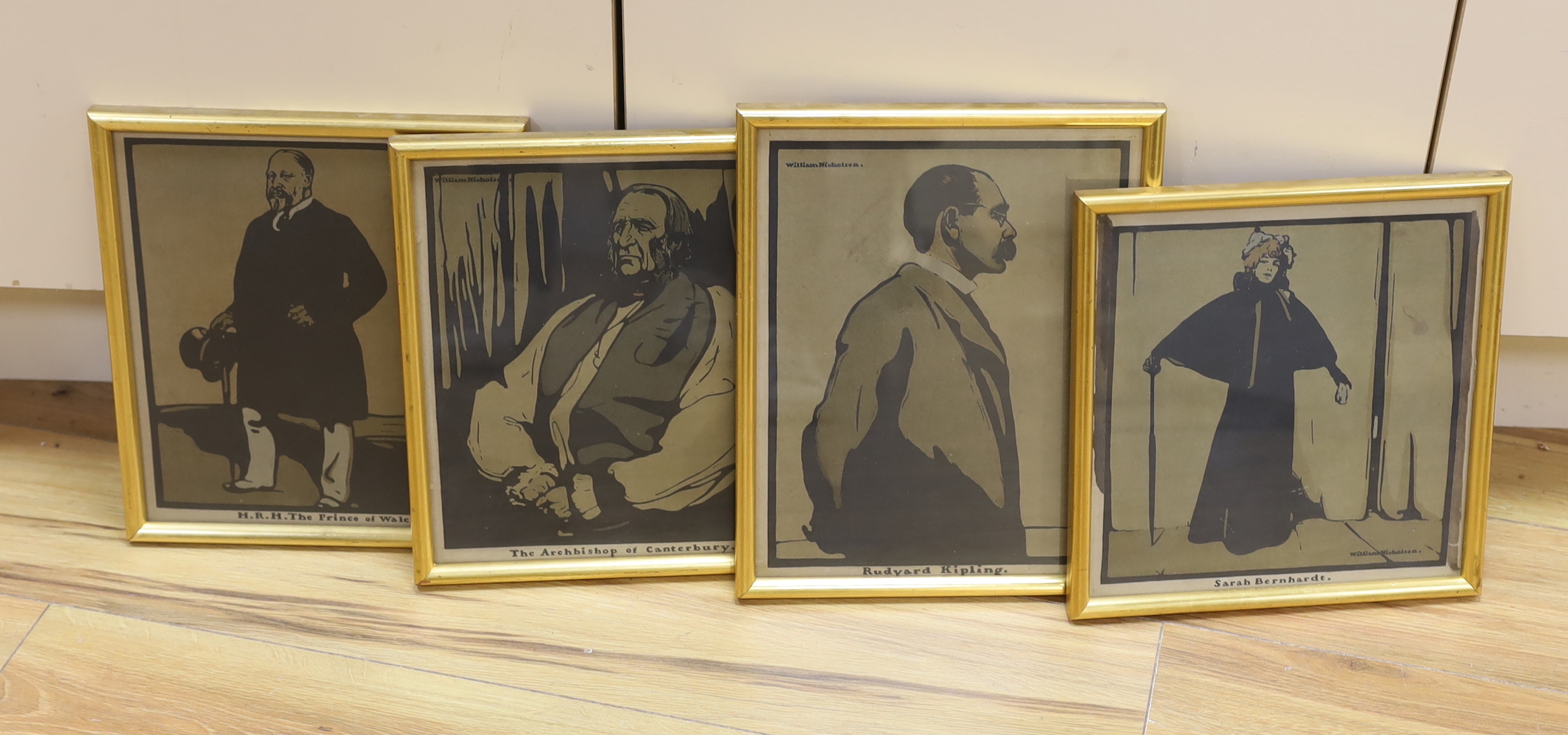 William Nicholson (1872-1949), four colour lithographs, comprising, portraits of Rudyard Kipling, H.R.H. The Prince of Wales, The Archbishop of Canterbury and Sarah Bernhardt, largest 27 x 24cm, framed and glazed